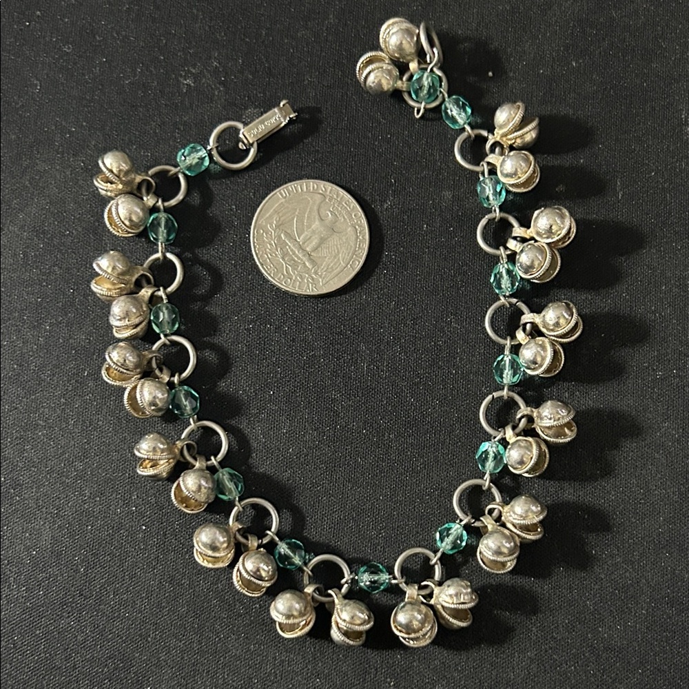 Handmade Stainless Steel Jingle Bell Anklet with Teal Crystals Gypsy Boho